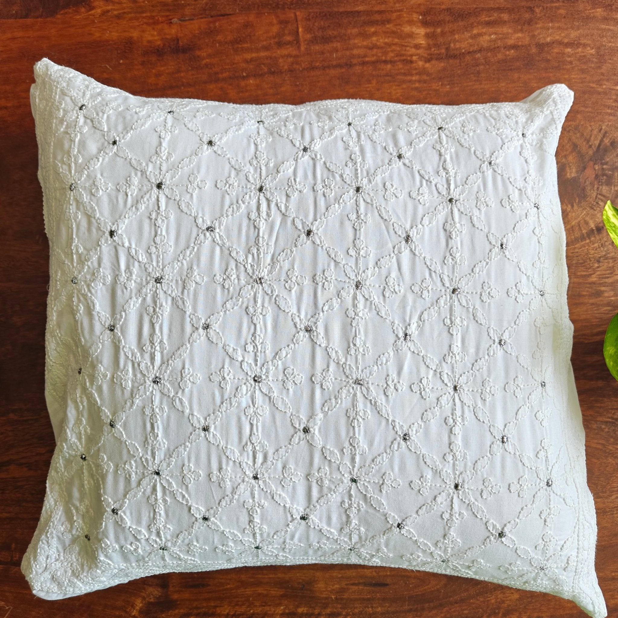 Bela White Chikankari Cushion Cover, 18" x 18", Pack of 1 - Coral Slub -